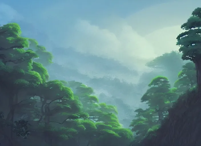 Prompt: a great village high in the trees, fantasy landscape, foggy, art by studio ghibli