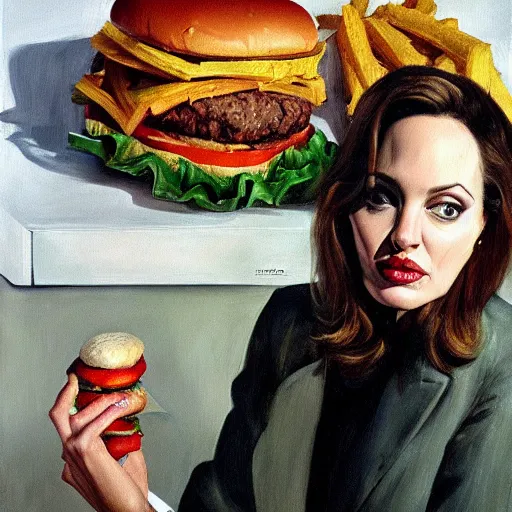 Prompt: high quality high detail painting by lucian freud, hd, angelina jolie eating giant hamburgers, photorealistic lighting