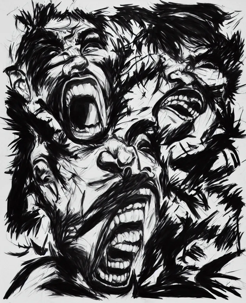 Prompt: a portrait of bruce lee screaming by mcbess, drawn with black and yellow permanent marker