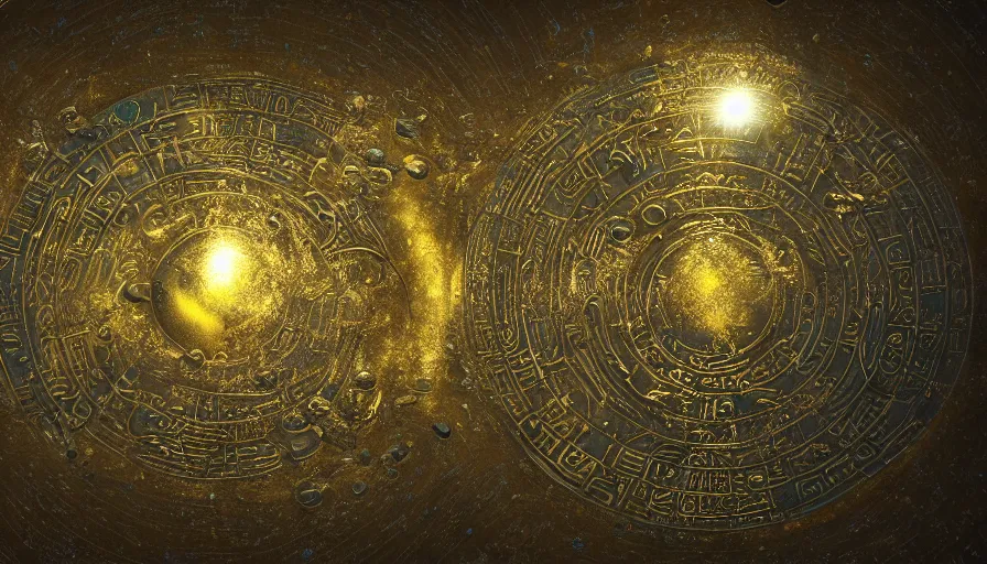 Prompt: hieroglyphs showing ufos alien planets, gold plate render, various refining techniques, micro macro auto focus, top photography photo art gallery, realistic photo, insane detail