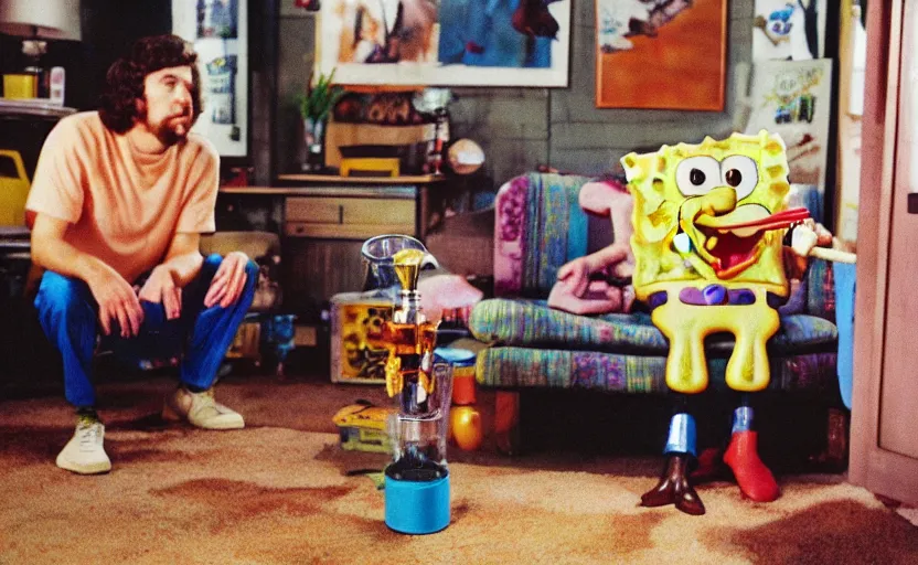 Image similar to spongebob smoking out of a bong in a very 60's hippy style apartment, 35mm,Epic,cinematic