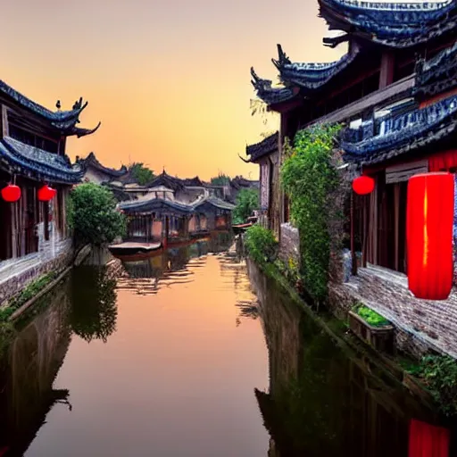 Image similar to beautiful and peaceful ancient water town in the south of china, zhouzhuang ancient town, movie style, warm color to move, boats, evening lanterns, the glow of the sunset on the water