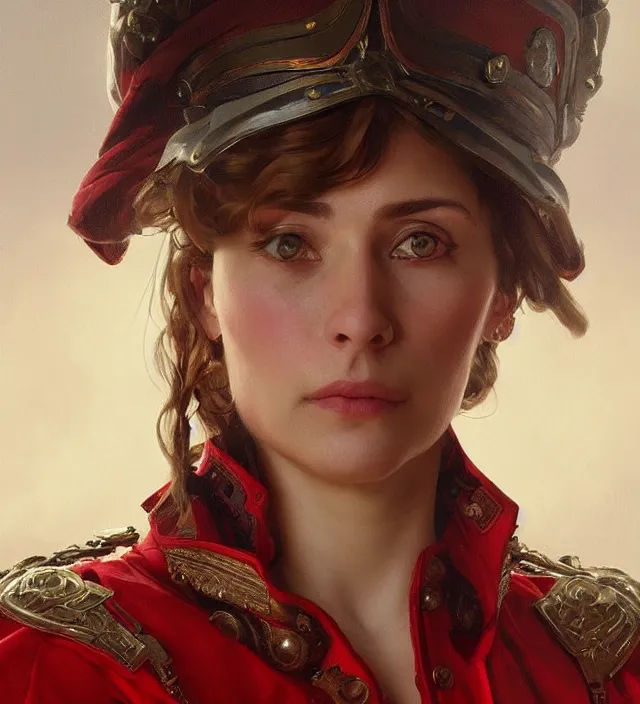 Image similar to portrait of a russian woman wearing a red traditional nineteenth century military jacket, metal shoulder pauldrons, intricate, highly detailed, digital painting, artstation, concept art, sharp focus, cinematic lighting, illustration, art by artgerm and greg rutkowski, alphonse mucha, cgsociety