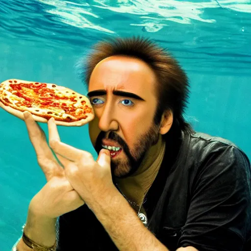 Image similar to Nicolas Cage eating pizza underwater, photograph