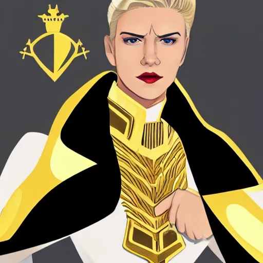 Prompt: character concept art of stoic heroic emotionless handsome blond butch tomboy woman with very short slicked-back hair, no makeup, in princely white and gold masculine satin uniform with gold cape, wearing polished brass steampunk goggles, science fiction, atompunk, retrofuture, illustration