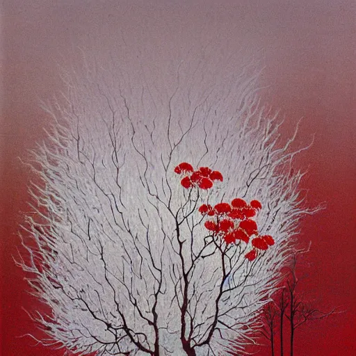 Prompt: white tree with red flowers made by zdzisław beksinski