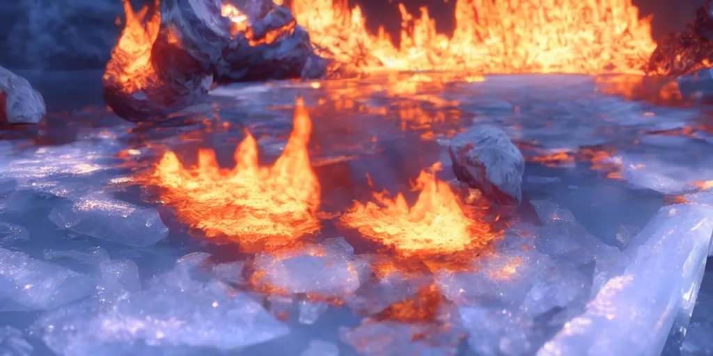 Prompt: a photo of 8k ultra realistic flame grilled ice, cinematic lighting, trending on artstation, 4k, hyperrealistic, focused, extreme details, unreal engine 5, cinematic, masterpiece