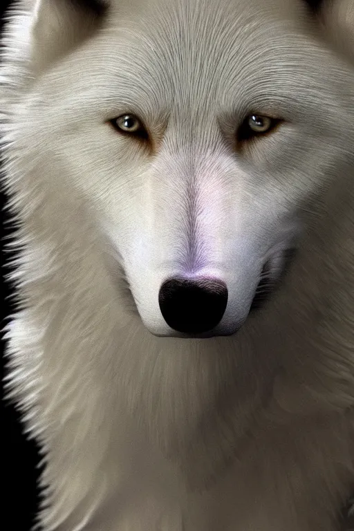 Prompt: the face of a white wolf 3D screen lock art.