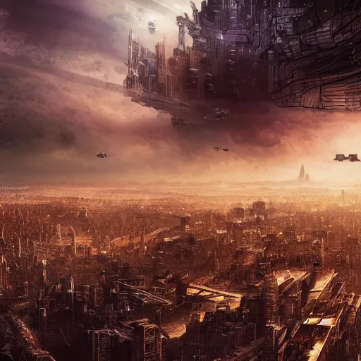 Image similar to megacity, hive city, futuristic dystopian endless, intricate, complex, labyrinthine, byzantine, tangled, matte painting, night, gloomy, dark, dramatic, cinematic, volumetric lighting, gods eye view