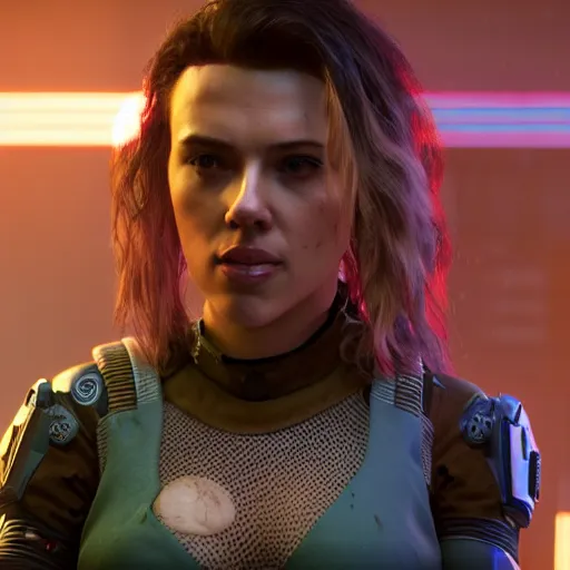 Prompt: injured scarlett johansson after a bad mission in Cyberpunk 2077. CP2077. 3840 x 2160