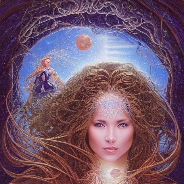 Prompt: perfectly centered symmetrical portrait, front view of a beautiful mushroom moon goddess, female, flowing hair, intense stare, sweet smile, cosmic background, concept art, intricate detail, volumetric shadows and lighting, realistic oil painting by tim hildebrandt,