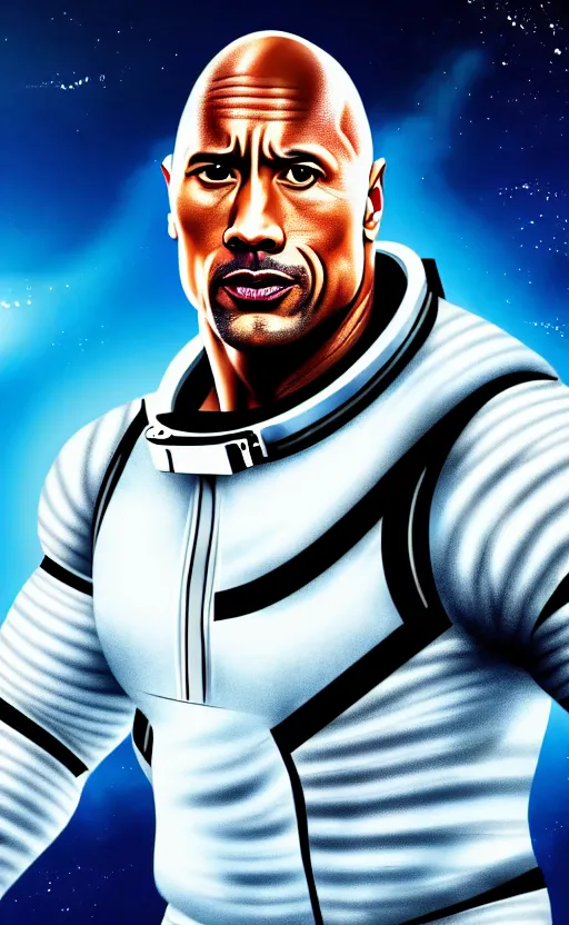 Image similar to dwayne the rock johnson wearing a space suit, very detailed face, 4 k upscaled high quality, digital art, realistic