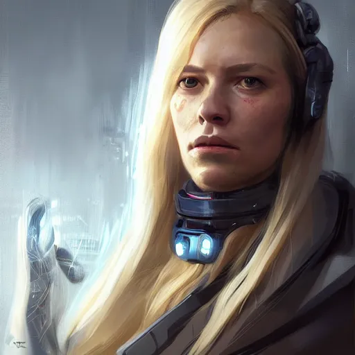 Image similar to portrait of a woman by greg rutkowski, she is about 3 0 years old, pretty, blond hair with two strans around her face, crying, helplessness and denial, she is wearing a futuristic space gear, highly detailed portrait, digital painting, artstation, concept art, smooth, sharp foccus ilustration, artstation hq.