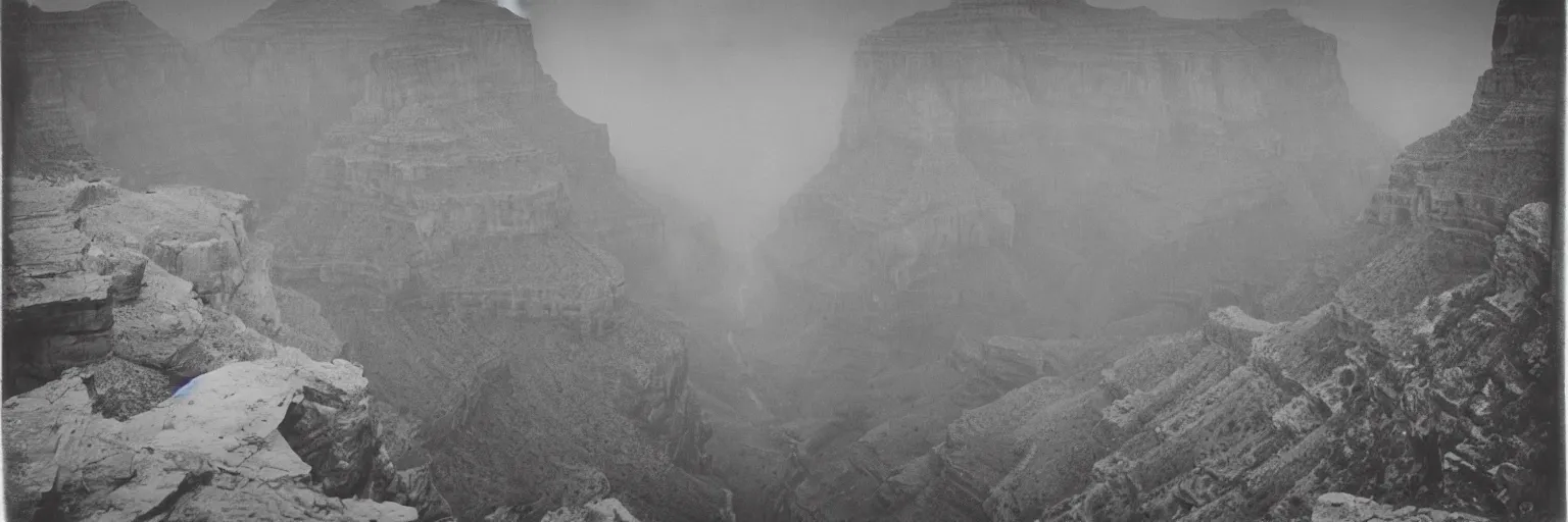 Image similar to the grand canyon made of concrete, looking down, foggy, megalophobia, old polaroid, expired film,