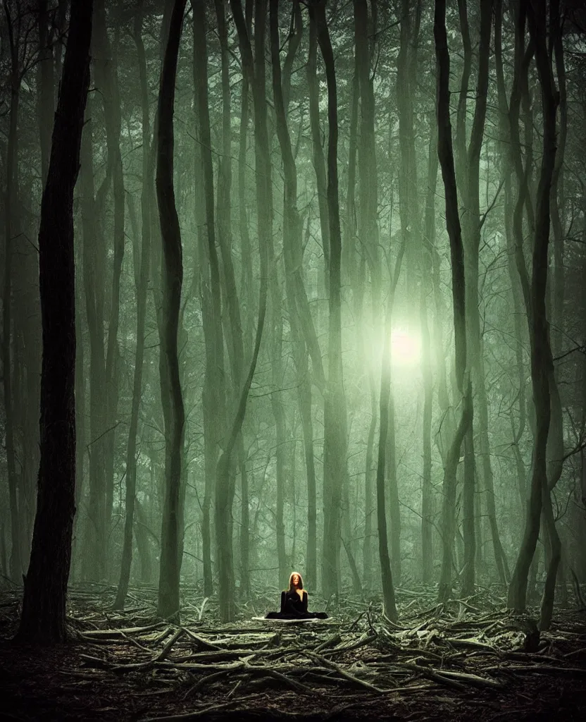 Prompt: “ dense dead forest with glowing orbs, woman sitting ”