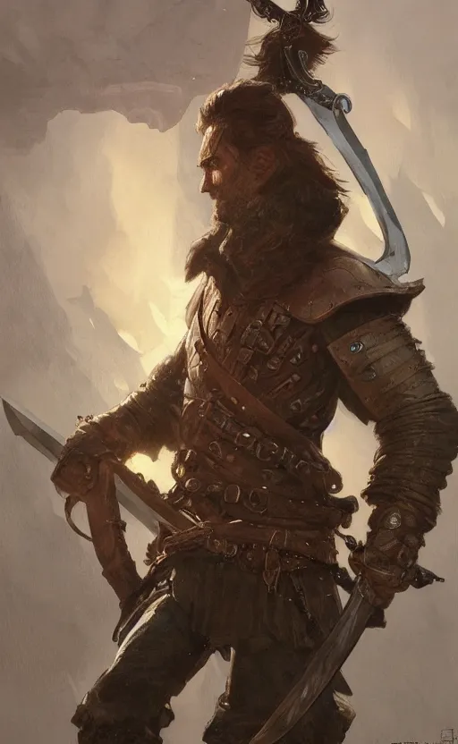 Prompt: '' Portrait of a rugged adventurer with a leather armor holding a big sword getting ready for battle, d&d, fantasy, high detail, digital painting, artstation, concept art, sharp focus, illustration, art by greg rutkowski and alphonse mucha ''