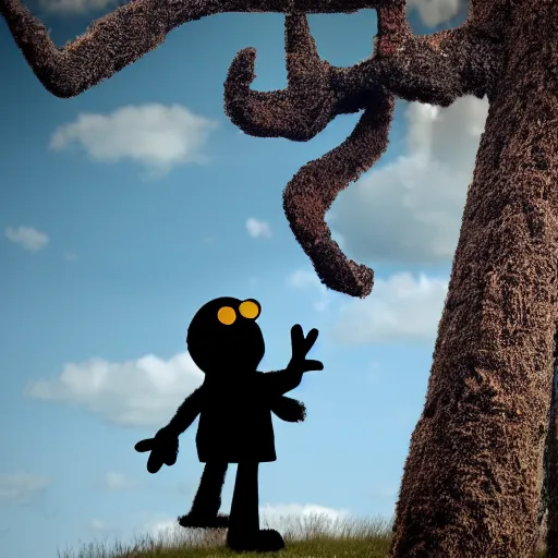 Image similar to Creepy Elmo behind a tree