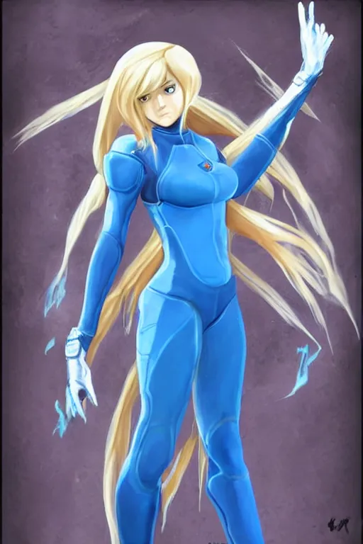 Image similar to an in game portrait of zero suit samus from skyrim, skyrim art style.