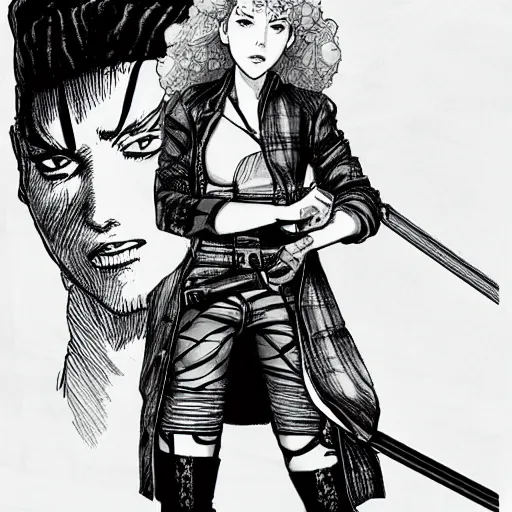 Image similar to scarlett johansson as a gunslinger in afro samurai manga style, pencil and ink, walking the wild west wastelands