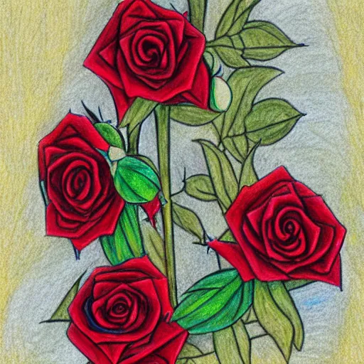 Image similar to wilting roses in the desert, colored pencils drawing