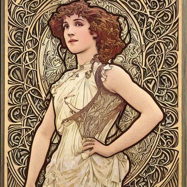 Prompt: a bas - relief wooden art nouveau sculpture of a young molly ringwald with long hair blowing in the wind, in front of a delicate tracery pattern, intricate and highly detailed, well - lit, ornate, realistic, by alphonse mucha