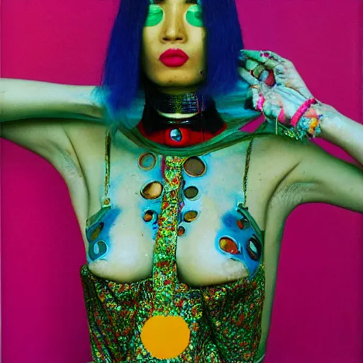 Prompt: a moroccan cyborg wearing clothes by tadanori yokoo, portrait, by ren hang