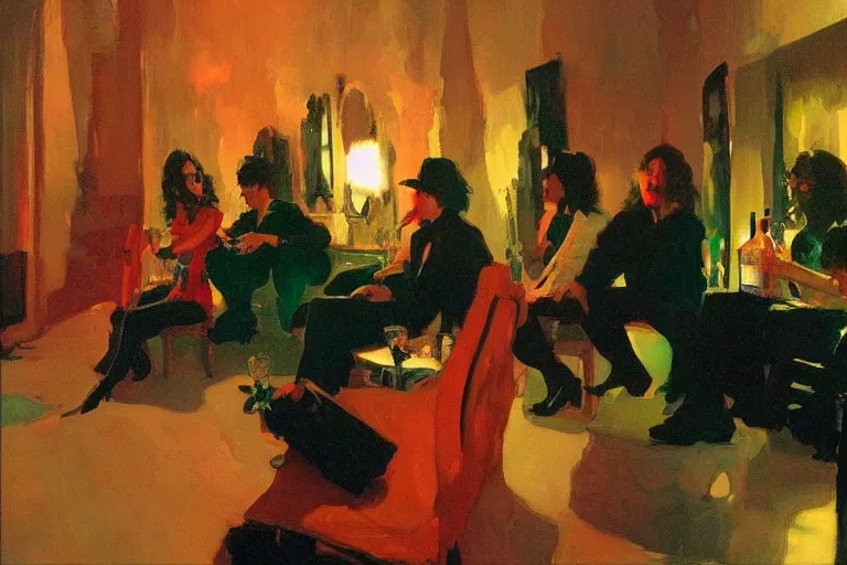 Image similar to glam rockers drinking wine, inside a tiny green room with red lights by joaquin sorolla, greg rutkowski, bill sienckiwicz, extremely detailed