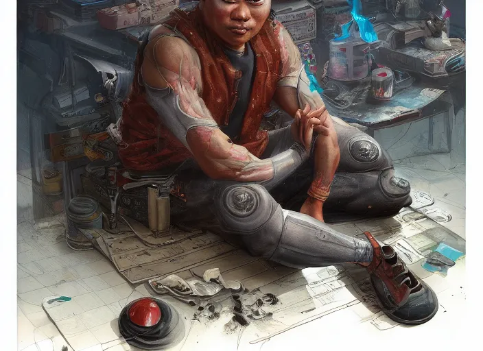 Image similar to an insanely detailed painting of an asian man wearing a homemade superhero costume, sitting at a desk, staring seriously at the computer and typing, in the style of peter mohrbacher, james jean, artgerm, dramatic lighting and composition, surreal background, octane render, pixar, trending on artstation, concept art, comic book, view from behind, 8 k