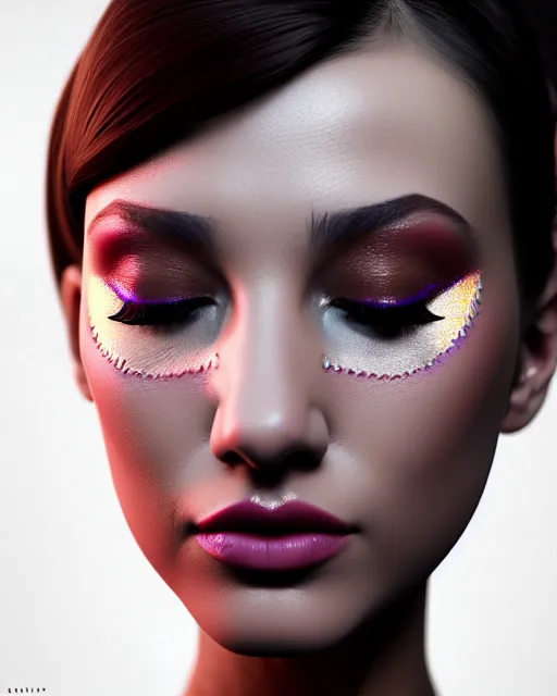Image similar to beautiful female, attractive facial features, haze, model, intricate, symmetrical face, makeup, sephora, maybelline, studio, reflections, cinematic, filmic, vsco, concept art, artstation, elegant, model, gorgeous, vray, flim, octane render, ambient occlusion, prism details