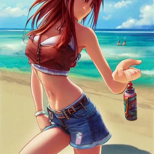 Image similar to beautiful aerith and tifa and jessie from final fantasy in daisy dukes on the beach making eye contact drawn by artgerm