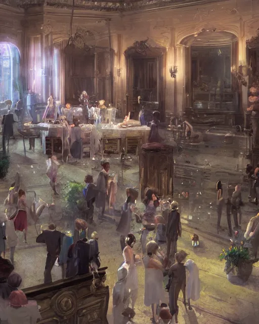 Prompt: craig mullins and ghibli digital painting of a 1 9 2 0 s grand party in a beautiful mansion, many partygoers, unreal engine, hyper realism, realistic shading, cinematic composition, realistic render, octane render, detailed textures, photorealistic, ultrawide shot, 3 5 mm film