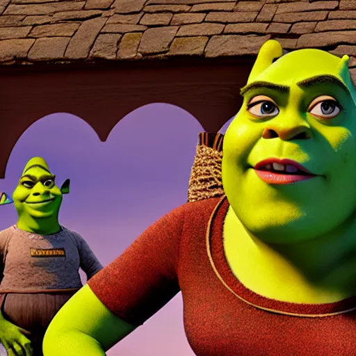 Image similar to Emma Stone as a female wife Shrek, Shrek face features, fully detailed, high quality , 4k , octane render , soft lightening , masterpiece