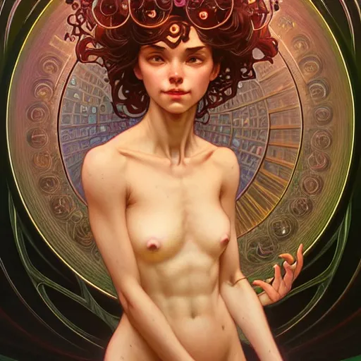 Image similar to Portrait of a girl surrounded by floating orbs, face, fantasy, intricate, elegant, highly detailed, digital painting, artstation, concept art, smooth, sharp focus, illustration, art by Hajime Sorayama and Fernanda Suarez and Artem Demura and alphonse mucha