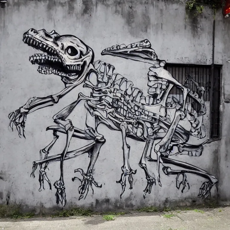 Prompt: Street-art painting of funny crocodile-skeleton in style of Banksy, comic character, cute skeleton, cartoon style, photorealism