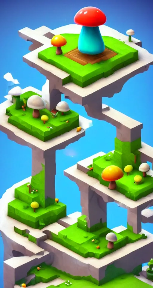 Prompt: a cute little isometric mushroom island, trending on artstation, 3d render, monument valley, fez video game,