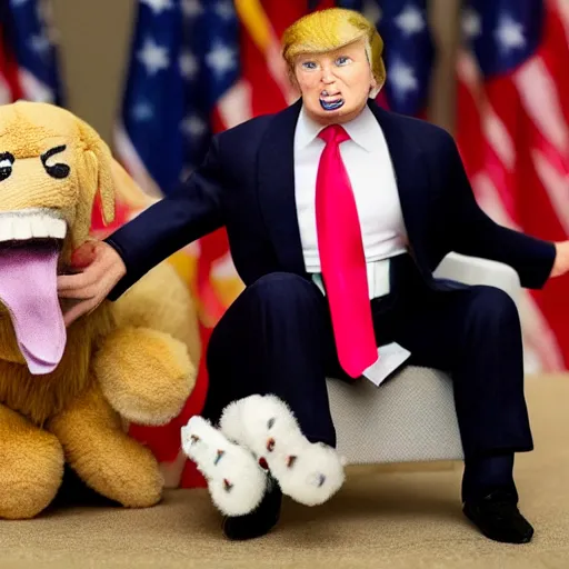 Prompt: a plush Donald Trump being chewed by a dog