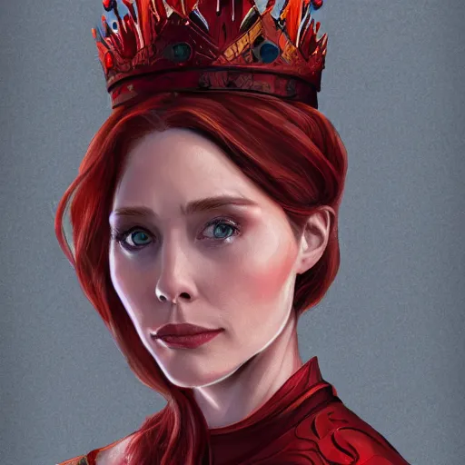 Image similar to Elizabeth Olsen with red hair and crown as Cersei Lannister,a song of ice and fire , fantasy, intricate, elegant, highly detailed, digital painting, artstation, concept art, matte, sharp focus, illustration, art by Osvaldo Germano