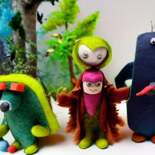 Prompt: two fantasy creatures, made of felt and cloth and beads, in a lush magical forest, handcrafted, stop motion art, haunting and spooky