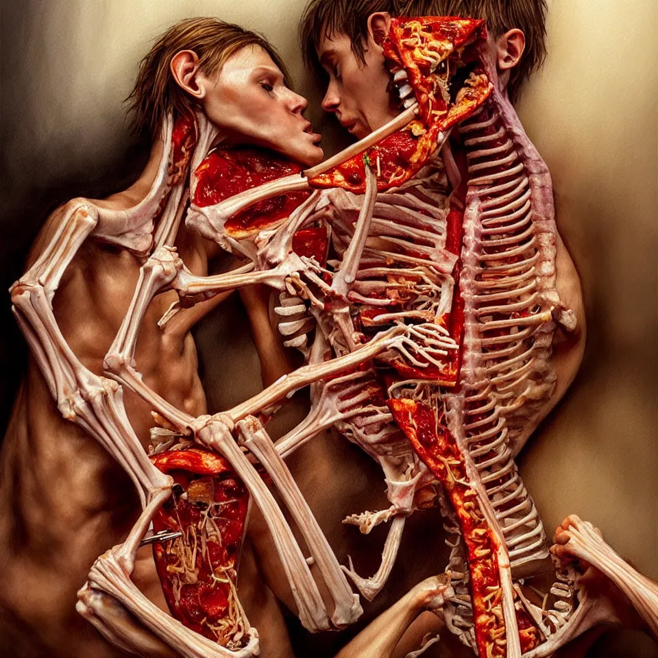 Image similar to bright realistic anorexic man ribs boney eating his girlfriend, pizza, pasta, puke, appartment, rotten flesh, diffuse lighting, fantasy, intricate, elegant, highly detailed, lifelike, photorealistic, digital painting, artstation, illustration, concept art, smooth, sharp focus, art by jenny saville