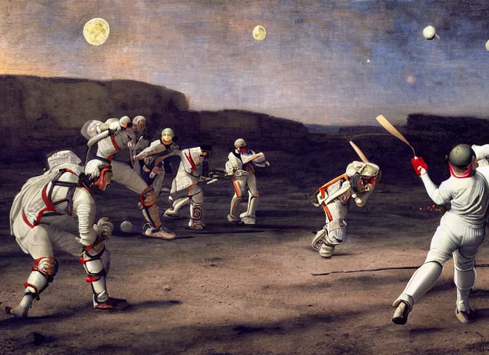 Image similar to a cricket match on the moon by edgar maxence and caravaggio and michael whelan and delacroix style, artistic, intricate painting, cinematic lighting, hyper realistic, extremely detailed, establishing shot, 8 k resolution, dramatic lighting