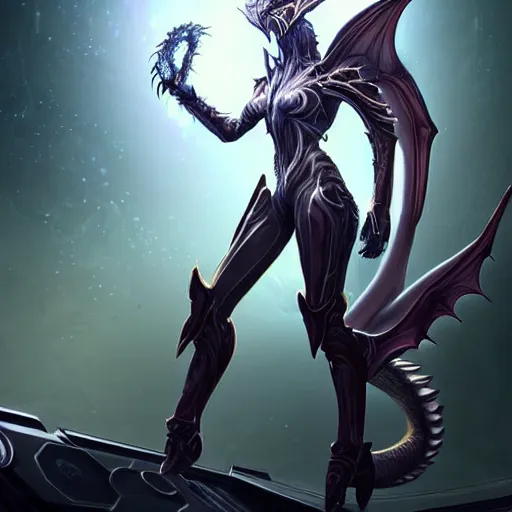 Image similar to highly detailed exquisite fanart, of a beautiful female warframe, but as an anthropomorphic dragon, majestic pose, sitting on top of a cryopod, inside a spaceship, epic cinematic shot, sharp clawed perfectly designed hands, two legged with clawed feet, professional digital art, high end digital art, realistic, captura, DeviantArt, artstation, Furaffinity, 8k HD render
