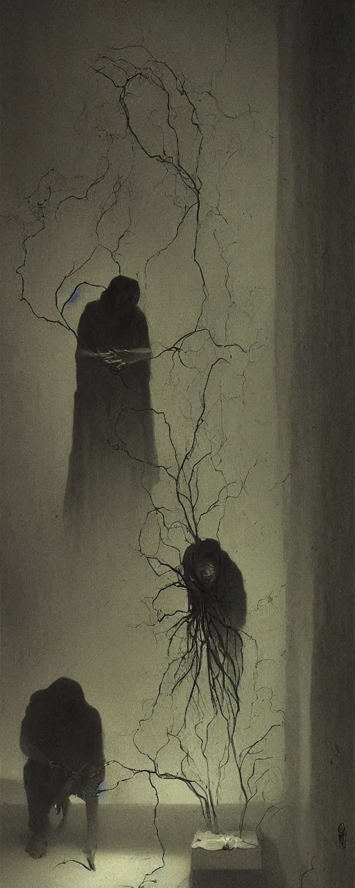 Prompt: dark figure tending to a dried flower in a dark room, zdzislaw beksinski, stephen gamell, 8 k, artstation