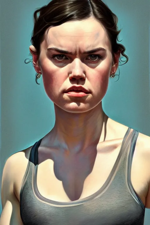 Prompt: pregnant daisy ridley in a tank top, realistic portrait, symmetrical, highly detailed, digital painting, artstation, concept art, smooth, sharp focus, illustration, cinematic lighting, art by artgerm and greg rutkowski and alphonse mucha