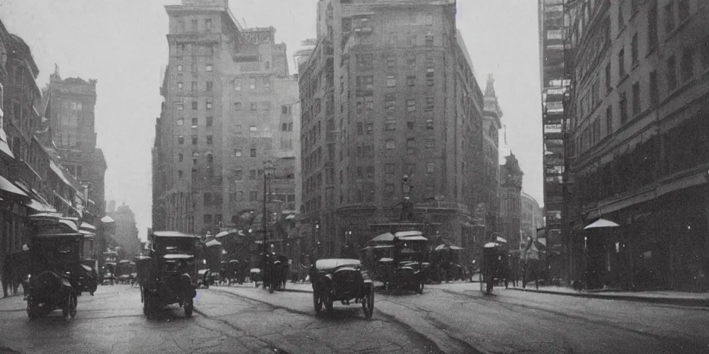 Image similar to a photo of 1 9 2 0 s downtown boston, dark, brooding, atmospheric, lovecraft