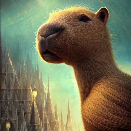 Prompt: capybara surrounded by sacred geometry made from elven architecture, gorgeous, powerful, cinematic, beautifully lit, by artgerm, by karol bak, 3 d, trending on artstation, octane render