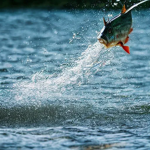 Image similar to closeup of a fish jumping out of the water as a fisherman reels him in