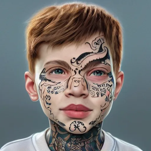 Image similar to a detailed portrait of a boy with a face tattoo, art illustration, incredibly highly detailed and realistic, 8 k, sharp focus