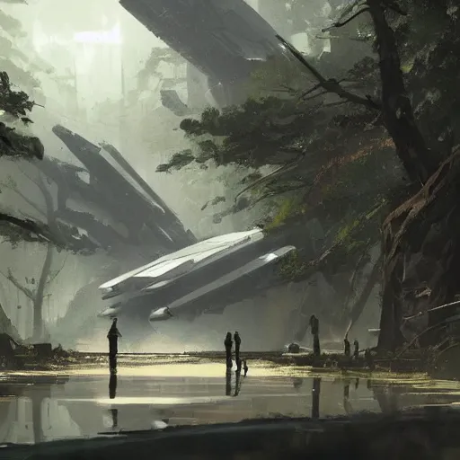 Prompt: star wars concept art by greg rutkowski, a brutalist military base of the galactic alliance in the middle of a jungle near to a lake, cinematic midday light, heroic atmosphere, artstation hq.