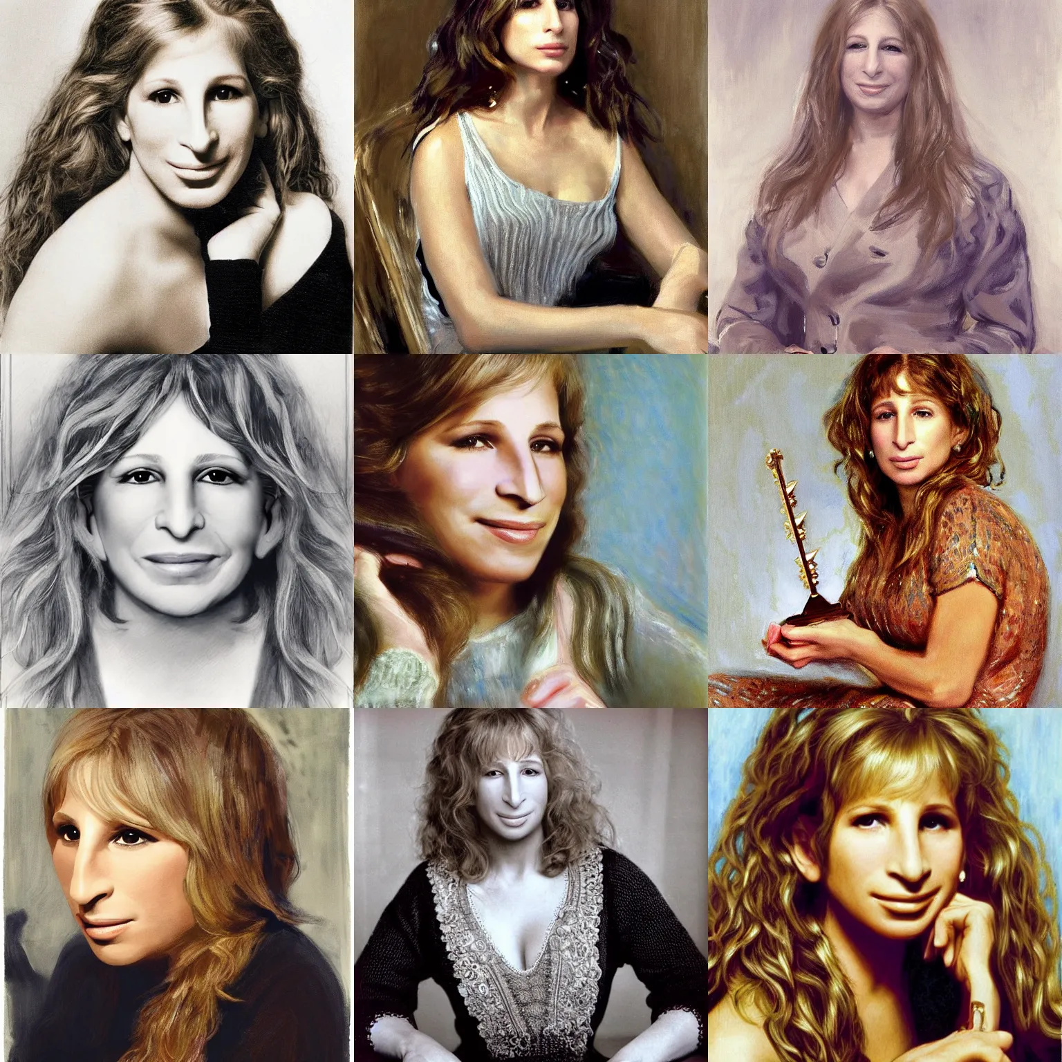 Prompt: barbra streisand knitting, no makeup wavy hair, defined facial features, symmetrical facial features. by john singer sargent, key art, award winning, intricate detail realism hdr