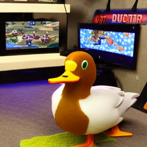 Prompt: duck playing video game